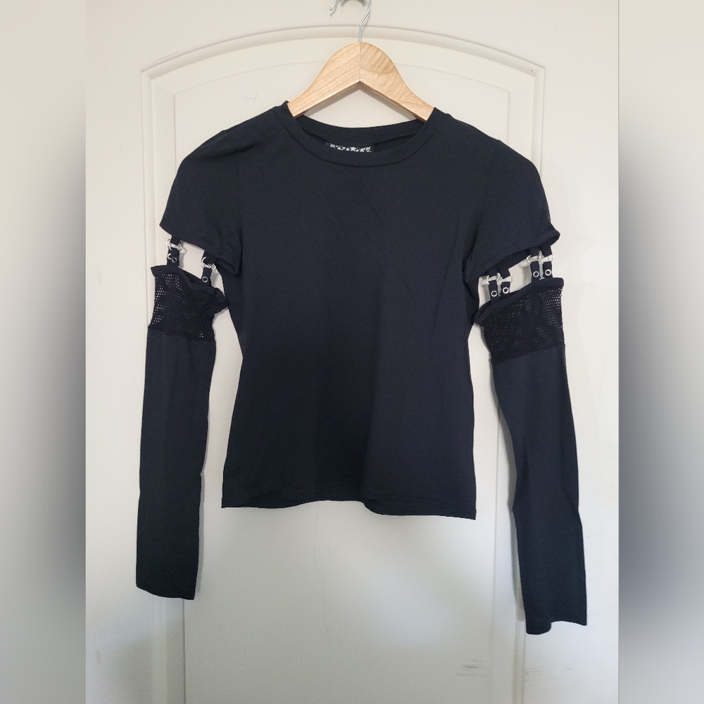 Serious Clothing Black Nylon Mesh Sleeve Top Sz Medium